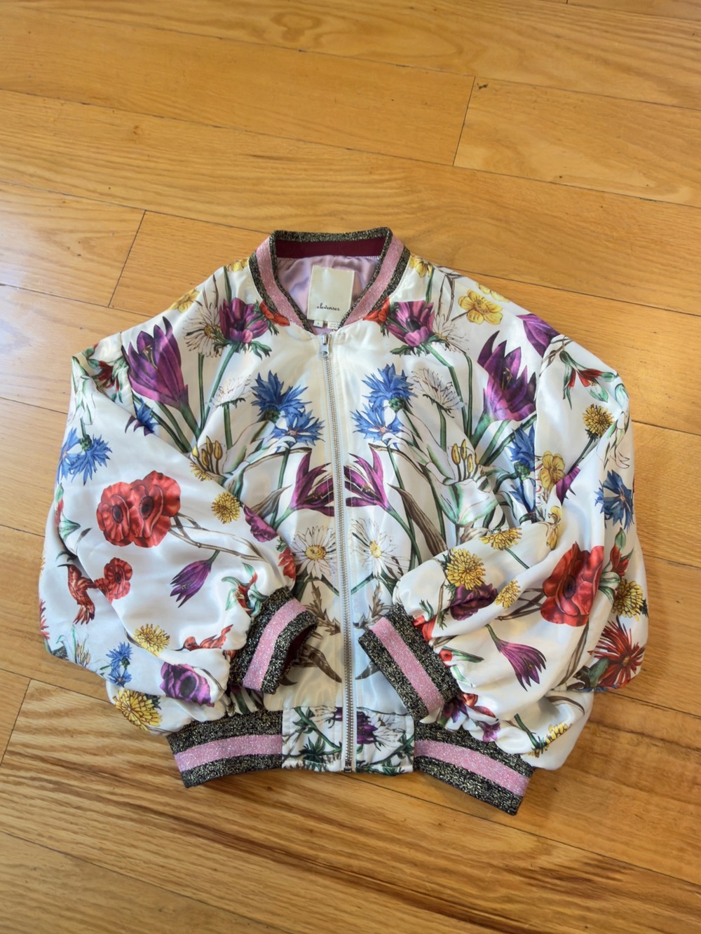 Anthropologie elevenses Ivory Floral Bomber Jacket with Pink & Metallic Trim
